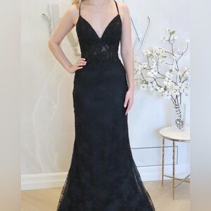 Black Lace Open-Back Prom Dress